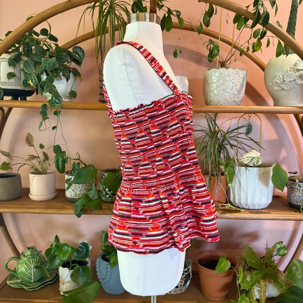 LOFT Red Pink Striped Smocked Sleeveless Top Size Large - Picture 9 of 9